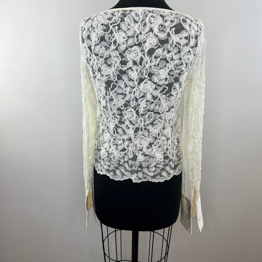 WORTH NY White Floral Lace Sheer Long Sleeve Blouse Button Cuffs Side Zip 2 XS - Picture 6 of 10